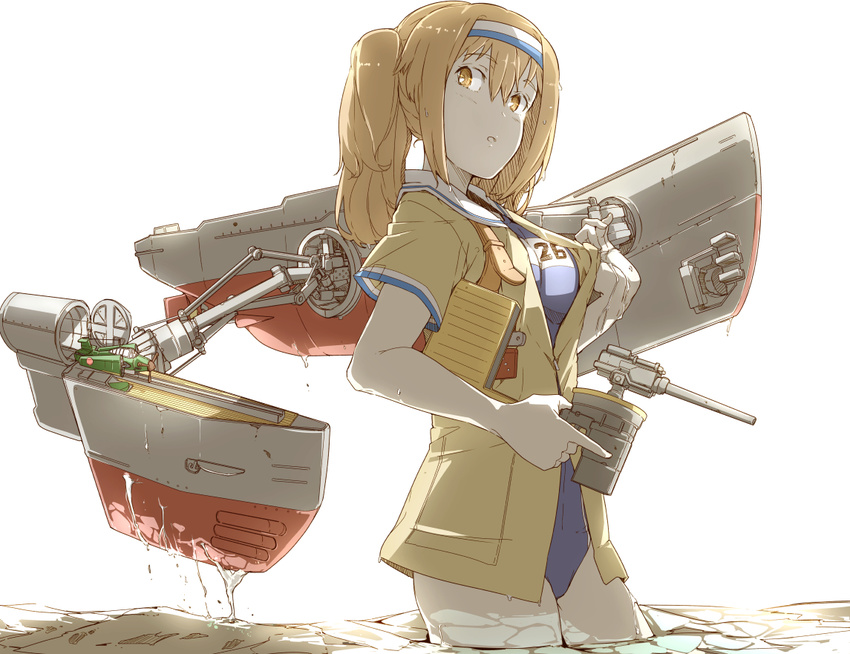 aircraft airplane brown_eyes brown_hair catapult_plane deck_gun dripping from_side gun handgun headband holding holding_gun holding_weapon i-26_(kantai_collection) jacket jacket_over_swimsuit kantai_collection long_hair looking_at_viewer looking_to_the_side m6a_seiran machinery mecha_musume ninimo_nimo ponytail rigging school_swimsuit simple_background solo standing swimsuit wading weapon white_background