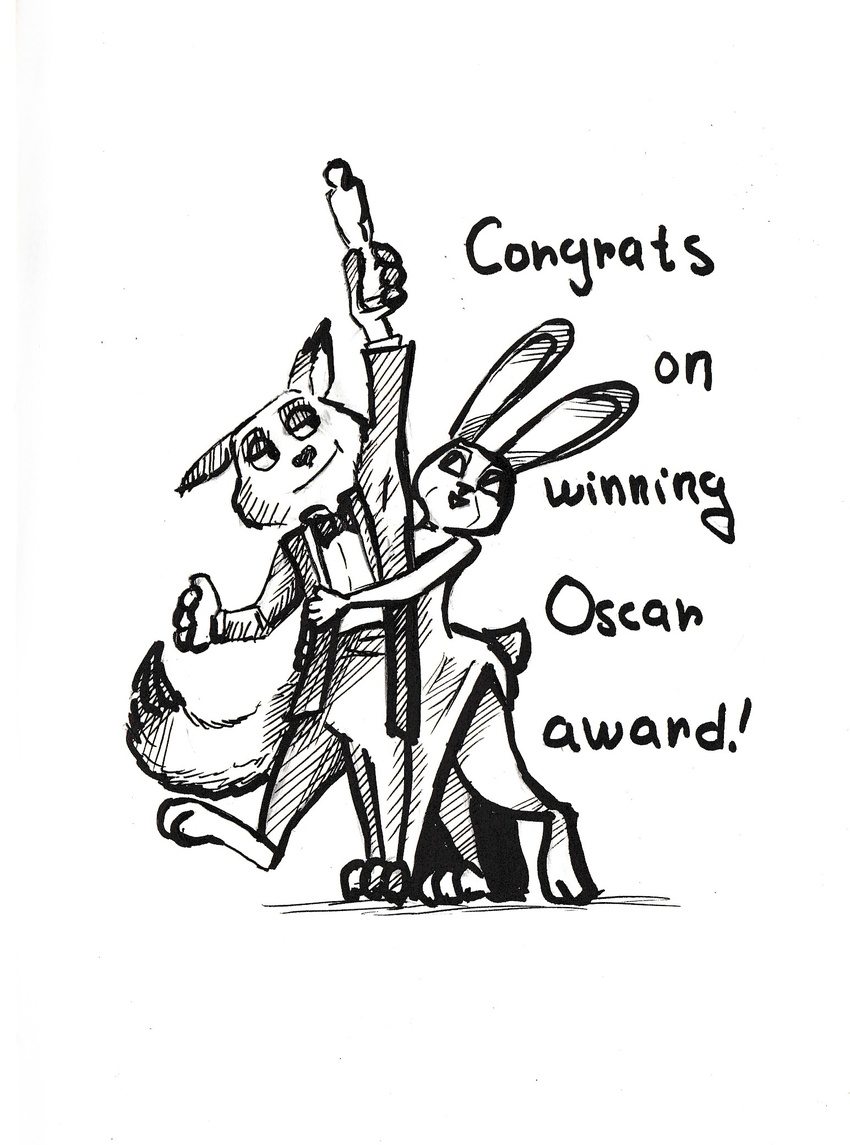 2017 3_toes 4_fingers anthro award canine clothed clothing dipstick_ears dipstick_tail disney dress duo female fox fur greyscale hi_res hug judy_hopps lagomorph male mammal monochrome multicolored_tail nick_wilde oscar_statuette rabbit simple_background suslikd toes tuxedo white_background zootopia