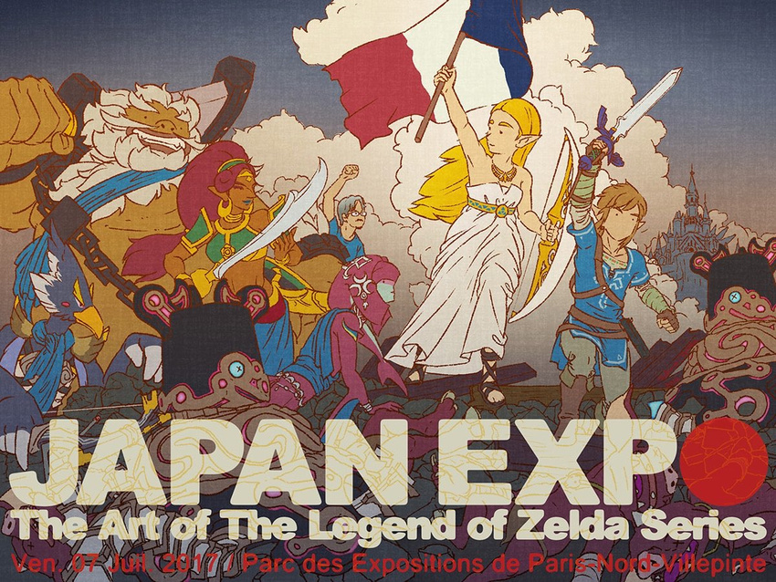 blonde_hair bow_(weapon) castle daruk dated dress fine_art_parody fish_girl french french_flag goron guardian_(breath_of_the_wild) jewelry liberty_leading_the_people link long_hair master_sword mipha monster_girl multiple_boys multiple_girls nintendo official_art parody pointy_ears princess_zelda revali rito sandals sword text_focus the_legend_of_zelda the_legend_of_zelda:_breath_of_the_wild urbosa weapon white_dress zora