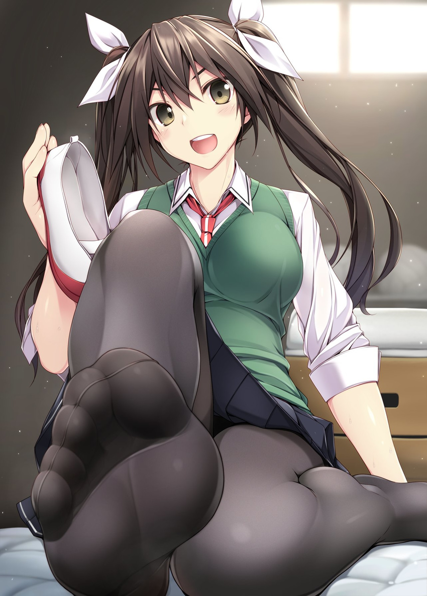 :d adapted_costume black_eyes black_hair black_legwear black_skirt blush breasts commentary_request feet foreshortening hair_ribbon head_tilt highres kantai_collection long_hair looking_at_viewer medium_breasts naturalton necktie open_mouth pantyhose red_neckwear ribbon shirt shoes shoes_removed skirt sleeves_rolled_up smile soles solo sweater_vest toes tone_(kantai_collection) twintails uwabaki v-shaped_eyebrows white_ribbon white_shirt