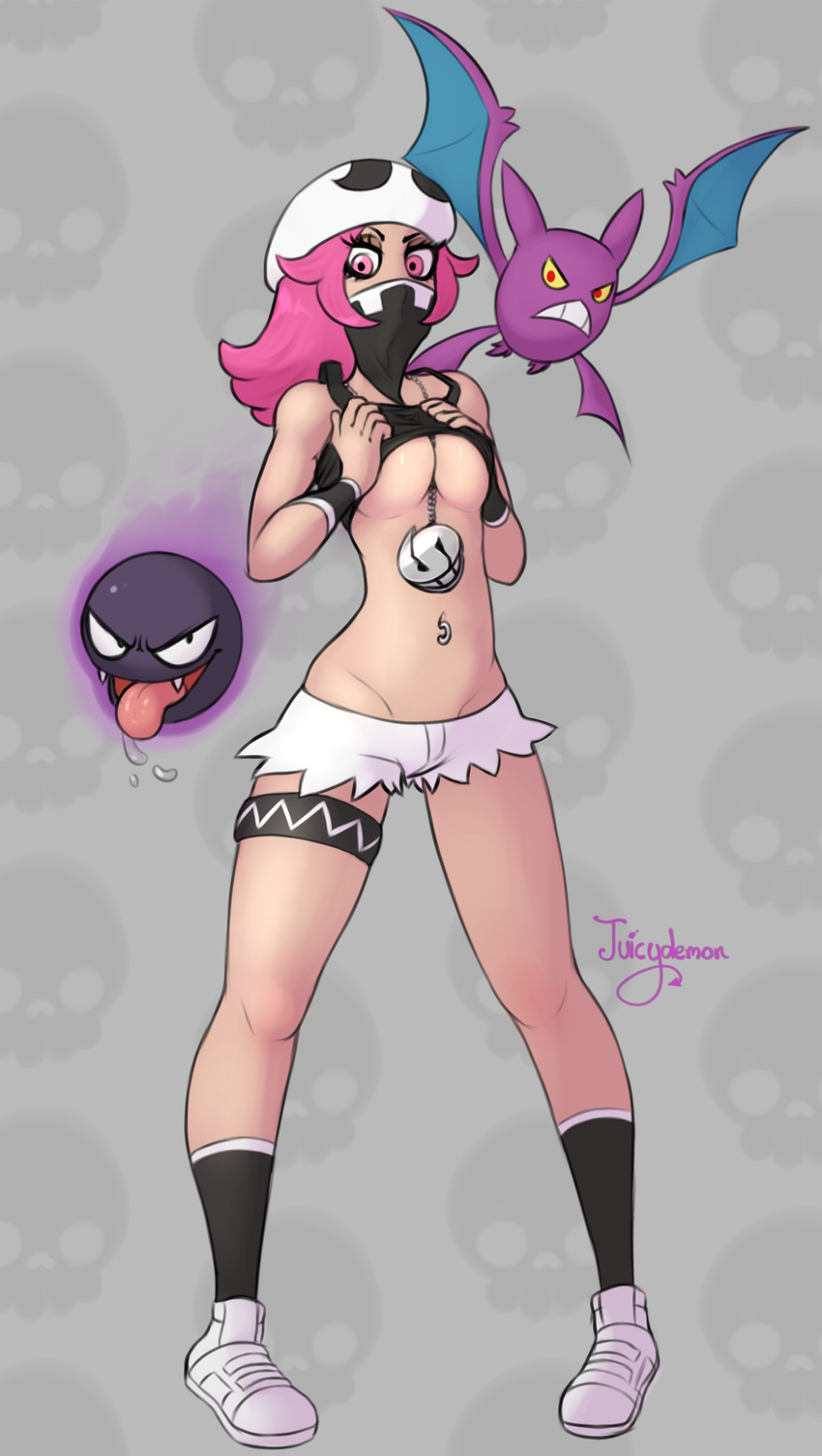 1girl artist_name bandanna bare_shoulders bat beret between_breasts black_eyes black_shirt black_socks breast_squeeze breasts crobat drooling fangs full_body gastly grey_background hands_on_own_chest hat highres jewelry juicydemon legband legs_apart lifted_by_self looking_down medium_breasts navel_piercing necklace open_mouth piercing pink_eyes pink_hair pokemon pokemon_(creature) pokemon_sm red_eyes saliva shirt_lift shoes short_shorts shorts signature simple_background skull sleeveless sleeveless_shirt smile socks solo standing tank_top team_skull team_skull_grunt teeth text tongue tongue_out underboob white_hat white_shoes white_shorts wings wristband yellow_sclera