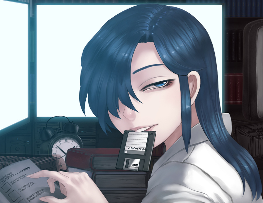 backlighting bangs black_hair book book_stack bookshelf clock close-up computer fingernails floppy_disk from_side hair_over_one_eye half-closed_eye himoo_yuina indoors long_hair looking_at_viewer monitor mouth_hold okai open_book parted_bangs pink_lips pointing roman_numerals shiny shiny_hair shirt sidelocks solo teeth tokimeki_memorial tokimeki_memorial_1 upper_body white_shirt