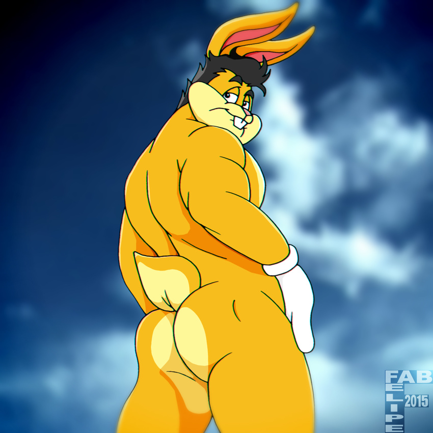 2015 anthro biceps butt digital_media_(artwork) fabfelipe hair lagomorph looking_at_viewer looney_tunes male mammal muscular muscular_male nude pose rabbit smile solo walter_bunny warner_brothers