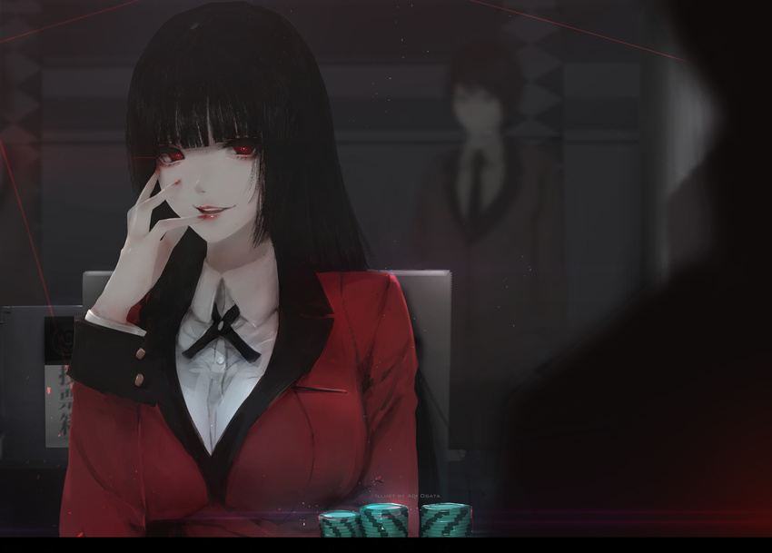 1girl absurdres aoi_ogata artist_name bangs black_hair black_ribbon blunt_bangs blurry breasts chair depth_of_field fingernails fingers_to_cheeks highres hime_cut indoors jabami_yumeko kakegurui large_breasts light_trail lips long_hair looking_at_viewer nail_polish necktie open_mouth poker_chip red_eyes red_suit ribbon school_uniform shirt sitting smile solo_focus suit_jacket suzui_ryouta teeth very_long_hair