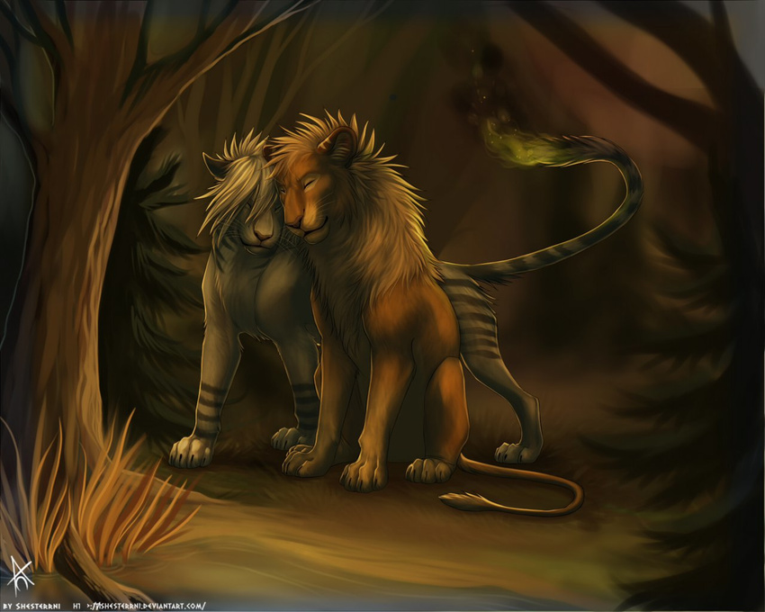 2013 brown_fur brown_tail cute detailed_background digital_media_(artwork) duo eyes_closed feline feral fire flaming_tail forest fur grey_fur grey_nose grey_tail hair happy lion male mammal mane outside quadruped shesterrni shesterrni_(character) signature sitting smile tail_tuft tan_mane tree tuft url whiskers white_hair