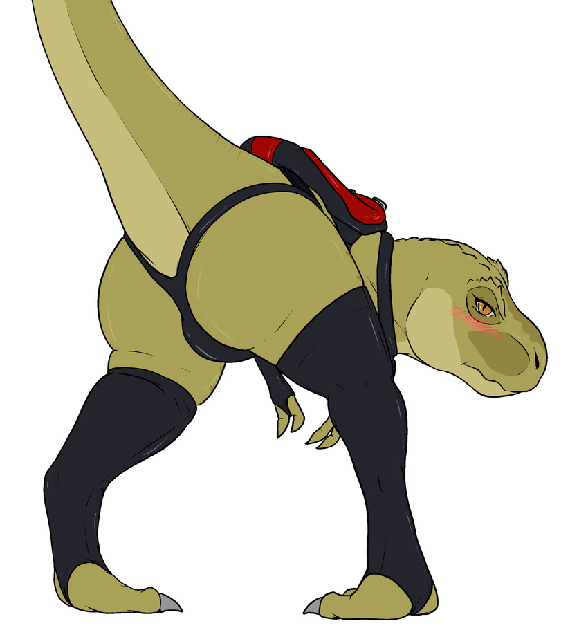 2015 ark_survival_evolved blush claws clothed clothing dinosaur female feral harness hi_res leggings legwear looking_at_viewer looking_back low-angle_view methados raised_tail saddle scalie skimpy sleeves solo theropod thigh_highs toe_claws tyrannosaurus_rex video_games