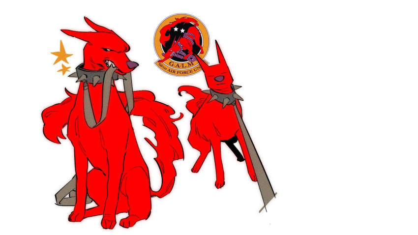 16:9 2026 ace_combat ace_combat_zero ambiguous_gender canid canid_demon canine canis collar demon digital_drawing_(artwork) digital_media_(artwork) domestic_dog eyes_closed feral fur galm_(ace_combat_zero) heitch hellhound hi_res leash leash_pull leashed_collar mammal mythological_canine mythological_creature mythology purple_nose red_body red_fur sharp_teeth simple_background sitting spiked_collar spikes star teeth teeth_showing white_background widescreen