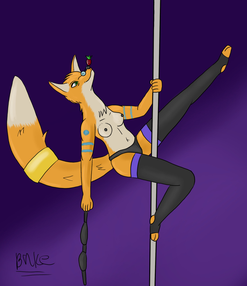 absurd_res accessory anthro bake_a_snake balancing_object bra breasts canid canine clothing dancing dipstick_tail exposed_breasts eyewear female focusing food fox fruit fur furgonomics glasses green_eyes hi_res holding_bra holding_clothing holding_object holding_pole holding_underwear jewelry legwear looking_at_object magic_user mammal markings orange_body orange_fur panties plant pole pole_dancing purple_background simple_background solo stockings strawberry striptease tail tail_accessory tail_jewelry tail_markings underwear