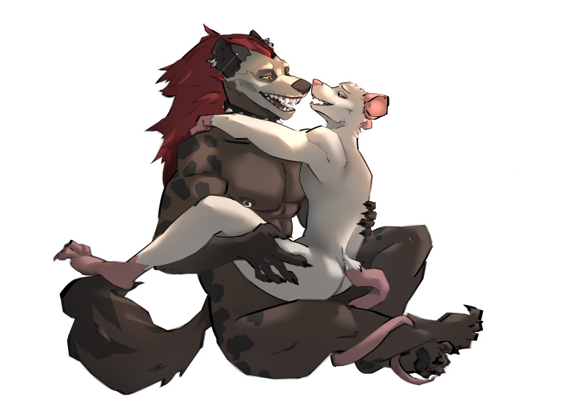 absurd_res animal_hands animal_legs anthro big_ears big_nose bone brown_body brown_ears brown_nose brown_skin claws collar digital_drawing_(artwork) digital_media_(artwork) duo ear_piercing fangs fur grim_(hyena) hair hi_res hug hyena hyena_tail legs_up looking_at_another love male mammal murid murine nipple_piercing nipples piercing pink_ears pink_nose rat rat_tail red_eyes red_hair rikkit_(rat) ring_piercing rodent simple_background sitting sitting_on_another sitting_on_ground size_difference skull skull_head skull_tattoo smile spiked_collar spikes tail tail_around_leg tail_motion tattoo teeth thistich white_background white_body white_fur yellow_eyes