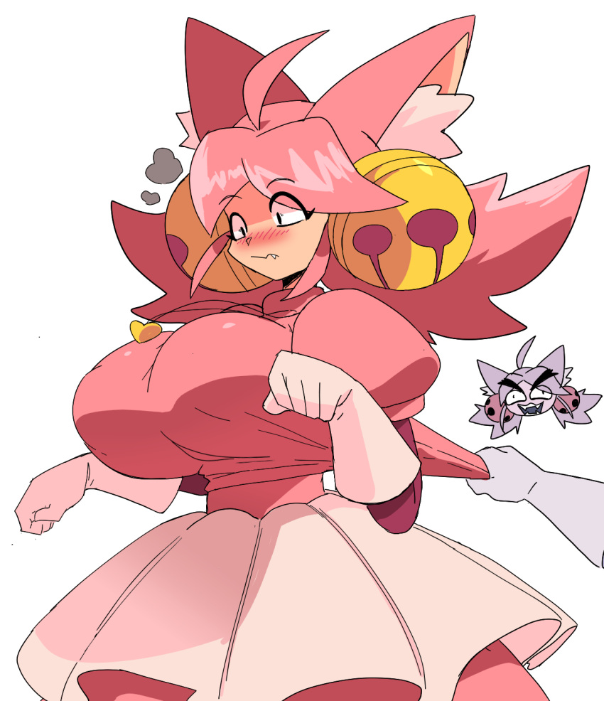 2026 accessory animal_humanoid bell better_version_at_source big_breasts biped blush bottomwear breasts cat_humanoid clothed clothing clothing_pull cowlick cyberlord1109 deltarune digital_drawing_(artwork) digital_media_(artwork) disembodied_hand domestic_cat duo eyelashes fangs felid felid_humanoid feline feline_humanoid felis female female_humanoid frilly frilly_bottomwear frilly_clothing frilly_skirt gloves hair hair_accessory handwear hi_res humanoid inner_ear_fluff irritable_ghost_(deltarune) jewelry looking_down mad_mew_mew mammal mammal_humanoid mew_mew_(undertale) necklace paw_pose pink_(deltarune) pink_clothing pink_hair pose puffy_sleeves pupils short_hair simple_background skirt solo_focus teeth tied_hair tuft undertale_(series) white_background white_clothing