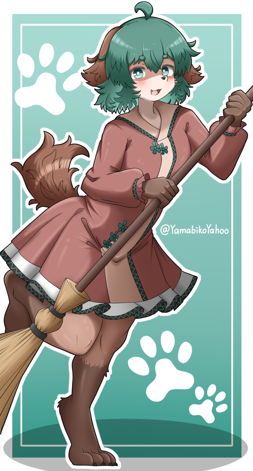absurd_res anthro anthrofied blush broom brown_tail canid cleaning_tool clothing digitigrade dress female green_eyes green_hair hair hi_res holding_broom holding_cleaning_tool holding_object kemono kyouko_kasodani mammal on_one_leg open_mouth open_smile raised_foot simple_background smile solo standing tail touhou yamabikoyahoo