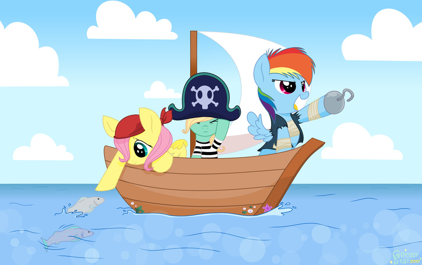 blue_feathers boat brother clothed clothing costume equine feathered_wings feathers female feral fish fluttershy_(mlp) friendship_is_magic fur glitterstar2000_(artist) group hair hat hook hook_hand long_hair male mammal marine multicolored_hair my_little_pony pegasus pink_hair pirate rainbow_dash_(mlp) rainbow_hair sail sea sibling sky story story_in_description vehicle water wings yellow_feathers zephyr_breeze_(mlp)