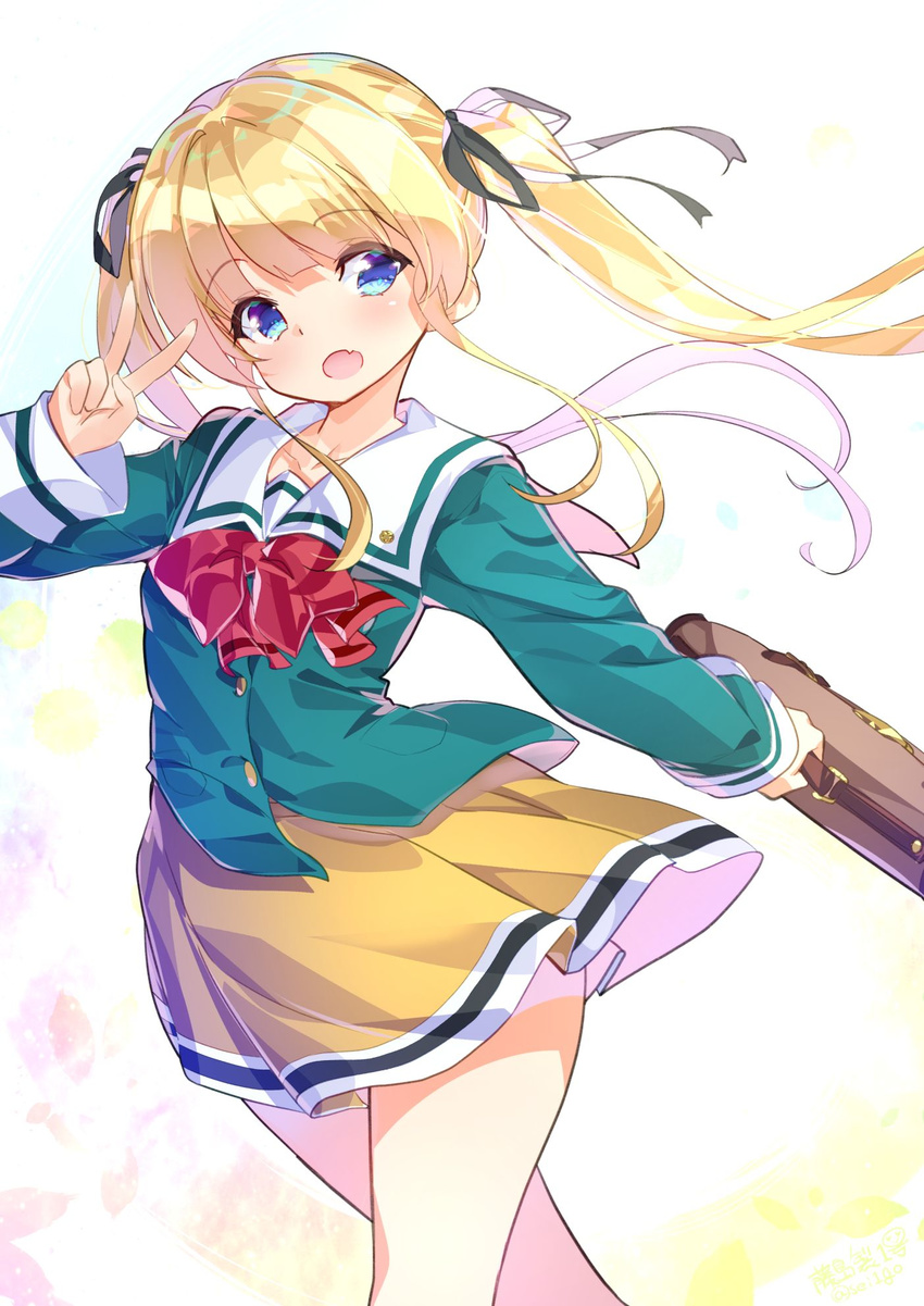 black_ribbon blonde_hair blue_eyes bow bowtie collarbone cosplay cowboy_shot eyebrows_visible_through_hair floating_hair fujishima-sei_ichi-gou green_shirt hair_ribbon hibikino_high_school_uniform highres holding long_hair looking_at_viewer open_mouth red_bow red_neckwear ribbon saenai_heroine_no_sodatekata sawamura_spencer_eriri shirt skirt solo standing tokimeki_memorial tokimeki_memorial_2 twintails v very_long_hair white_background yellow_skirt