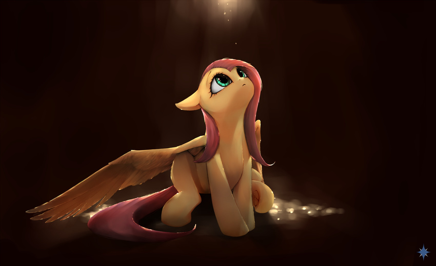 equine feathered_wings feathers female feral fluttershy_(mlp) friendship_is_magic fur green_eyes hair hooves mammal my_little_pony noctilucent-arts pegasus pink_hair simple_background sitting solo wings yellow_feathers yellow_fur