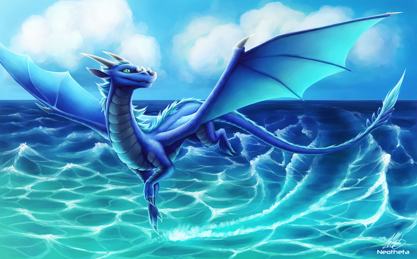 blue_scales day detailed_background dragon feral flying green_eyes horn membranous_wings neotheta outside scales sky smile solo water wings