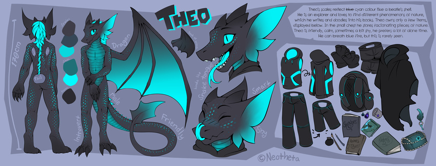 anthro clothing digitigrade dragon english_text male model_sheet neotheta nude open_mouth solo standing teeth text tongue