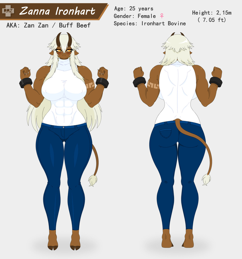 abs bovine breasts clothing female hair horn long_hair mammal model_sheet muscular muscular_female razplus solo