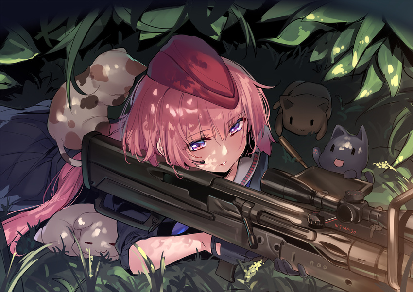 anti-materiel_rifle cartridge cat girls_frontline gloves gun hat ntw-20 ntw-20_(girls_frontline) pink_hair purple_eyes red_hair rifle sniper_rifle weapon yaguo