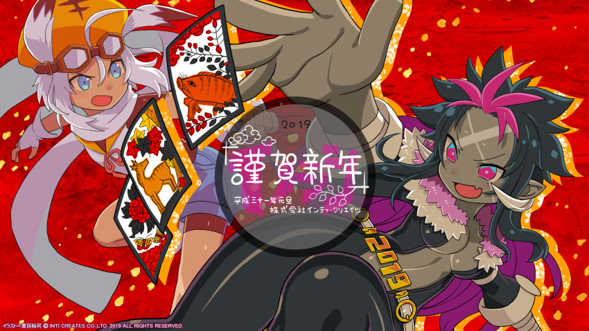 2girls belt blue_eyes bodysuit breasts cape center_opening cleavage drop_shadow goggles goggles_on_head grey_skin hanafuda hat highres horns inti_creates long_hair looking_at_another multicolored_hair multiple_girls natsume_yuji new_year official_art orange_hat original outstretched_arm pink_eyes red_background scarf short_hair shorts simple_background two-tone_hair wallpaper watermark white_scarf