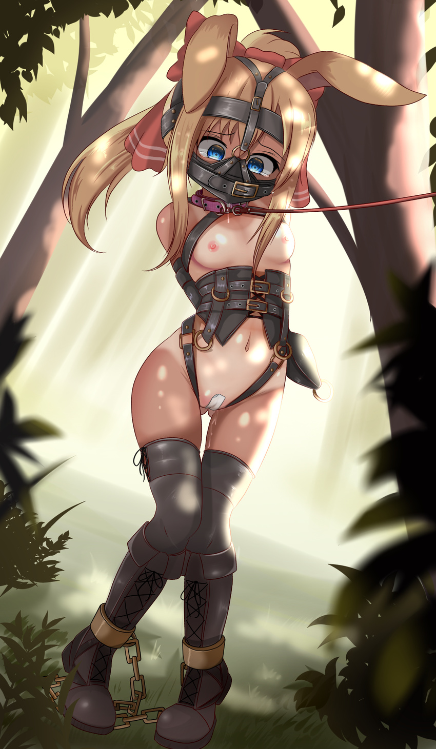 animal_ears arms_behind_back bdsm blonde_hair blue_eyes bondage bound breasts bunny_ears collar corset cuffs forest gag gagged harness highres hobble hotel01 leash long_hair maebari monoglove nature navel nipples outdoors shackles slave small_breasts solo tears thighhighs