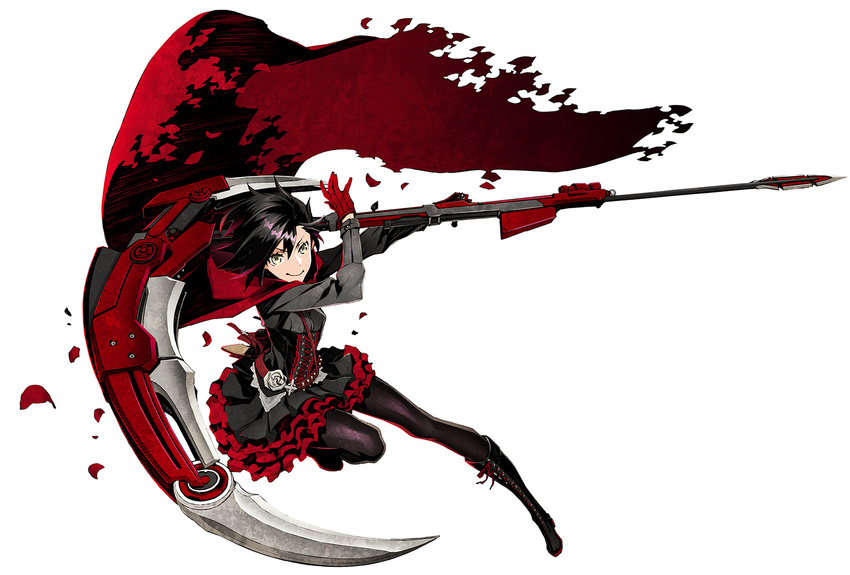 black_dress black_footwear black_hair boots cape corset crescent_rose dress frilled_skirt frills gloves hood miwa_shirou official_art pantyhose petticoat red_cape red_gloves ruby_rose rwby scythe skirt smile solo
