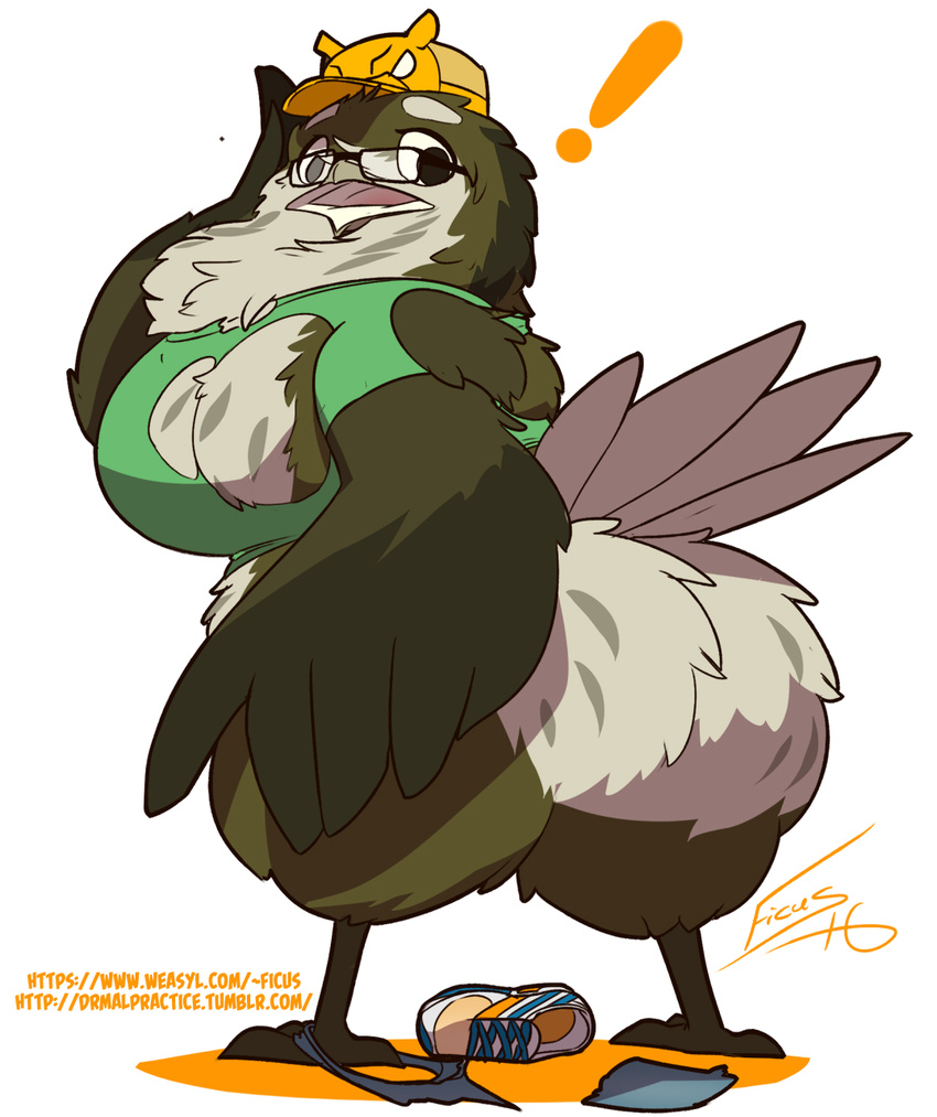 ! 2016 3_toes 4_fingers anthro arm_tuft avian beak big_breasts big_butt biped bird black_eyes bottomless breasts brown_feathers butt butt_focus butt_tuft chest_tuft clothed clothing digital_drawing_(artwork) digital_media_(artwork) eyewear feather_tuft feathers female ficus footwear frogmouth full-length_portrait glasses hand_on_head hat head_tuft hi_res holding_butt huge_breasts looking_at_butt looking_back looking_down mostly_nude multicolored_feathers non-mammal_breasts open_mouth overweight overweight_female portrait post_transformation rear_view shirt shoes signature simple_background solo standing surprise tail_feathers talons toes torn_clothing torn_topwear tuft tumblr two_tone_feathers weasyl white_background white_feathers winged_arms wings