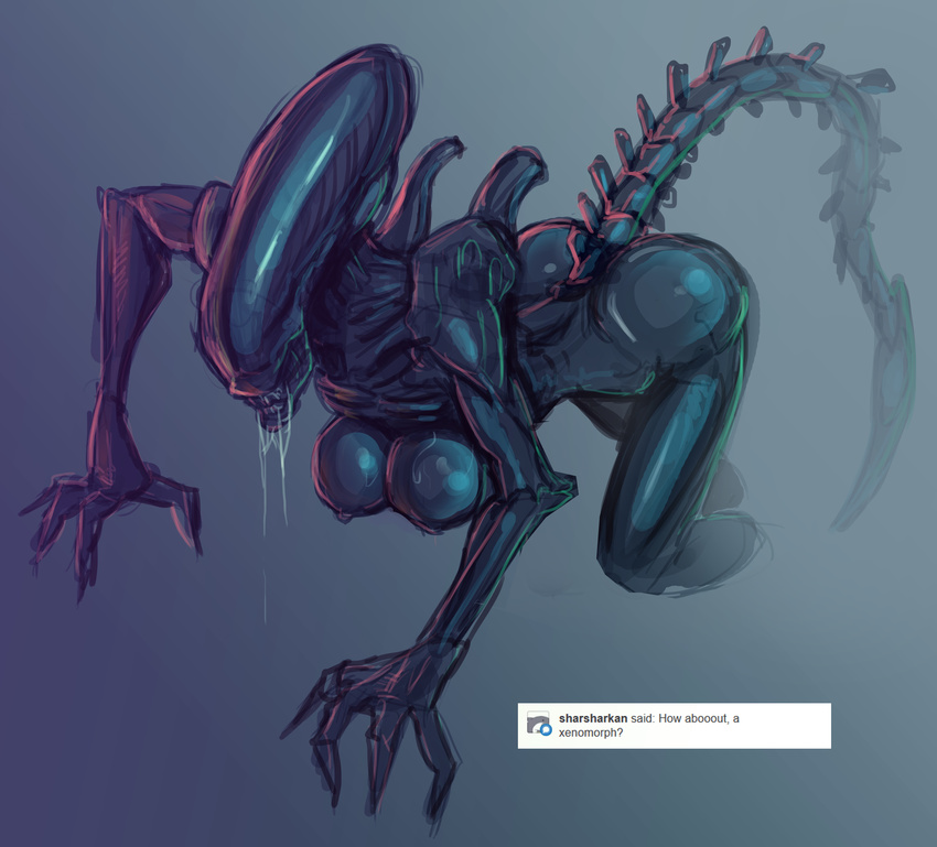 2013 4_fingers absurd_res alien alien_(franchise) all_fours andava bent_over black_skin breasts butt digital_media_(artwork) english_text female gradient_background hi_res nipples nude raised_tail saliva simple_background solo text xenomorph