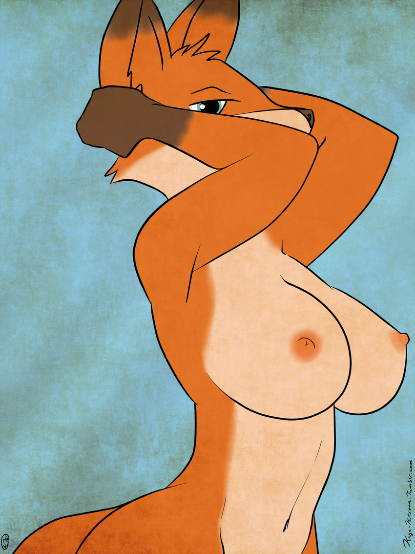 2013 absurd_res anthro breasts brown_nose canine countershading digital_media_(artwork) female fox fur gloves_(marking) hi_res kagekitsoon mammal markings multicolored_fur navel nipples nude pinup pose simple_background solo tan_countershading vela