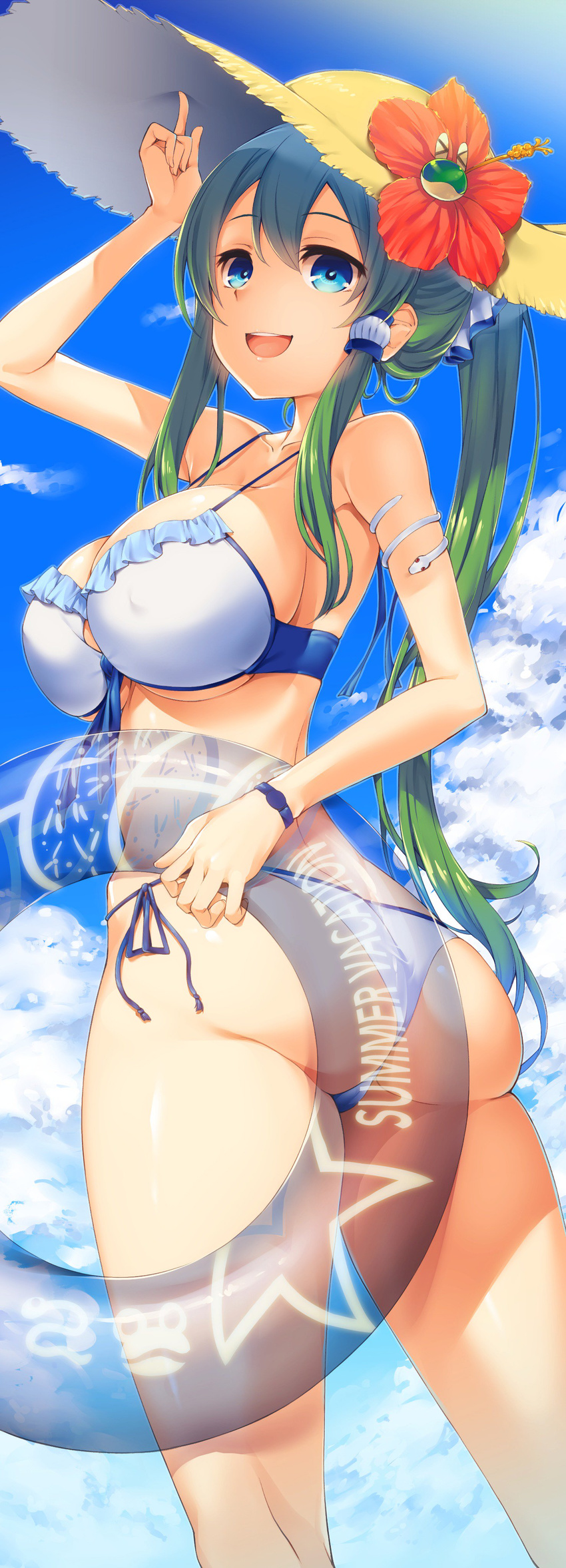 absurdres akanagi_youto alternate_hairstyle armlet ass bad_proportions bikini blue_eyes blue_innertube blue_sky breasts cleavage cloud cloudy_sky covered_nipples day flower frill_trim from_below green_hair hair_ornament hat hat_flower highres innertube kochiya_sanae large_breasts long_hair outdoors ponytail side-tie_bikini sidelocks sky smile snake_hair_ornament solo strap_gap sun_hat swimsuit touhou twisted_torso white_bikini