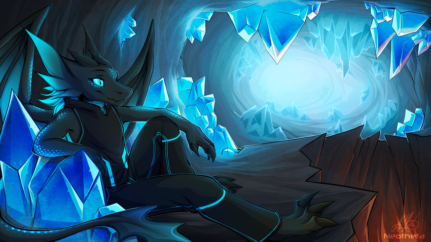 anthro black_scales blue_eyes cave clothed clothing detailed_background dragon fire male membranous_wings neotheta scales smile wings