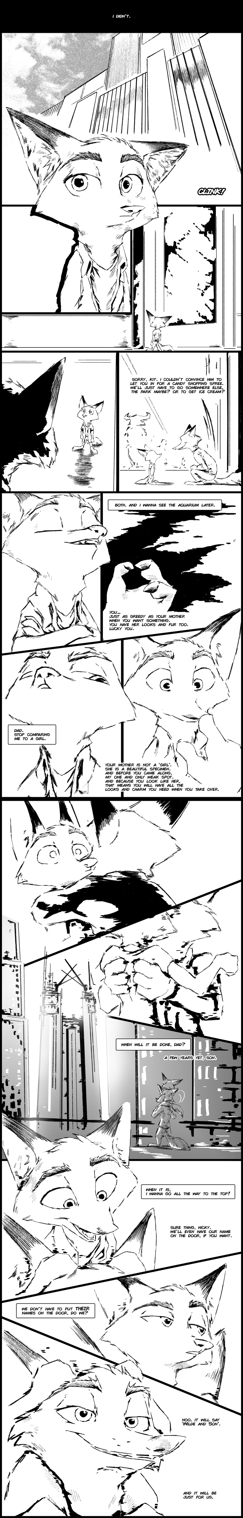 2017 anthro canine carrying clothed clothing comic dialogue disney duo_focus english_text fox greyscale group inside male mammal monochrome nick_wilde piggyback story story_in_description text thewyvernsweaver zootopia