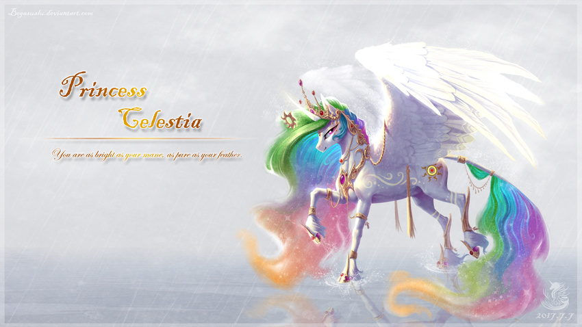 2017 begasuslu crown cutie_mark english_text equine feathered_wings feathers female feral friendship_is_magic hair hi_res horn jewelry looking_at_viewer mammal multicolored_hair my_little_pony necklace princess_celestia_(mlp) purple_eyes royalty simple_background solo text white_background white_feathers winged_unicorn wings
