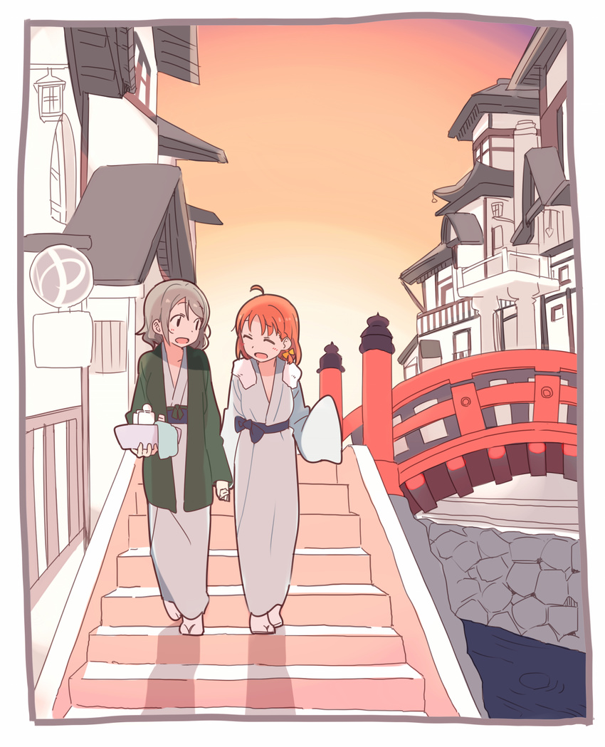 ^_^ ahoge bath_yukata bridge closed_eyes commentary_request grey_hair hanten_(clothes) highres holding_hands japanese_clothes kasa_list kimono looking_at_another love_live! love_live!_sunshine!! multiple_girls open_mouth orange_hair outdoors smile stairs takami_chika walking watanabe_you yukata
