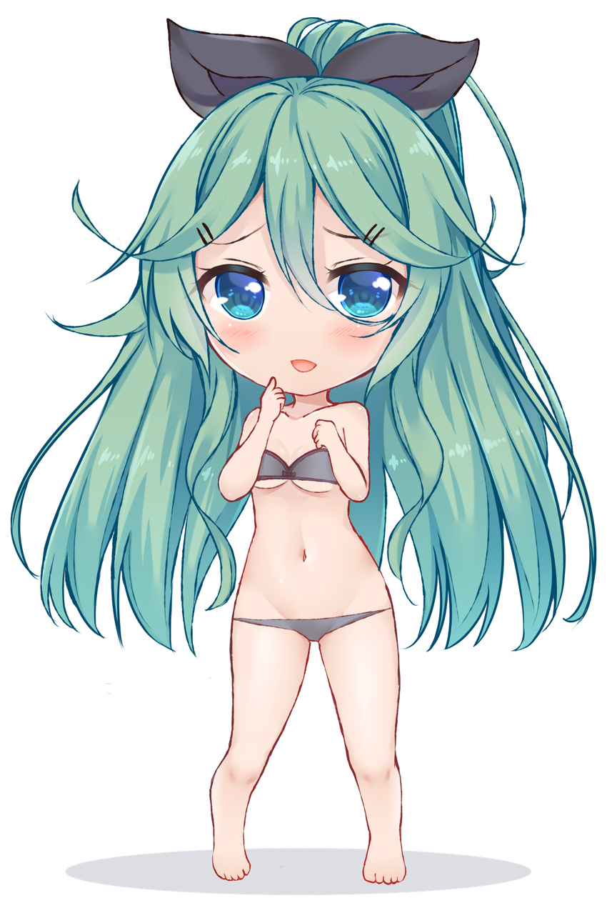 :d bangle bare_shoulders barefoot bikini black_bikini blue_eyes blush bracelet breasts chibi collarbone eyebrows_visible_through_hair flying_sweatdrops full_body green_hair hair_between_eyes hair_ornament hair_ribbon hairclip highres index_finger_raised jewelry kantai_collection ko_yu long_hair lowleg lowleg_bikini motion_lines navel necklace open_mouth ponytail ribbon small_breasts smile solo standing swimsuit underboob very_long_hair yamakaze_(kantai_collection)