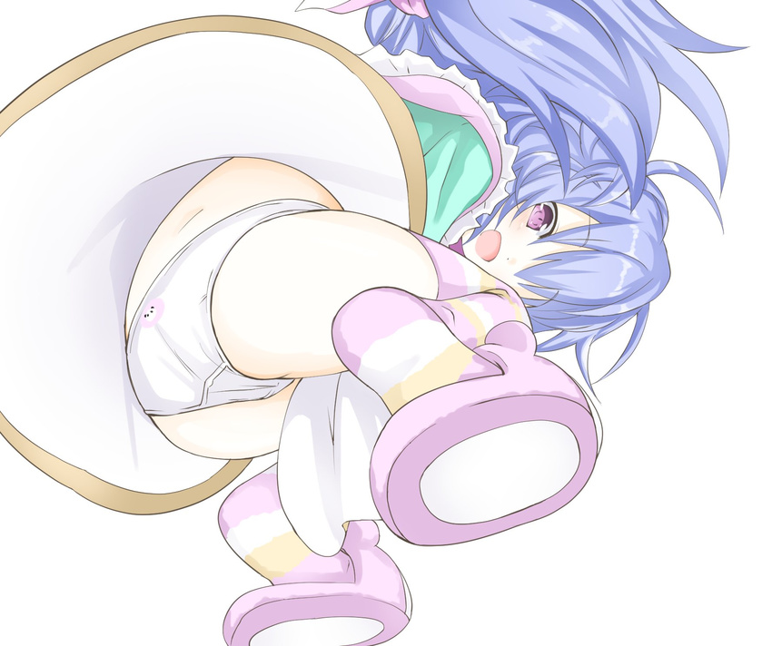 animal_slippers ass back-print_panties blush braid bunny_slippers dress dress_lift falling fetal_position from_below hair_over_one_eye highres legs legs_up long_hair looking_at_viewer looking_down neptune_(series) niwaka_potato open_mouth panties pantyshot ponytail print_panties purple_eyes purple_hair pururut ribbon skirt slippers smile solo striped striped_legwear thighhighs thighs underwear upskirt very_long_hair white_dress white_panties wind wind_lift