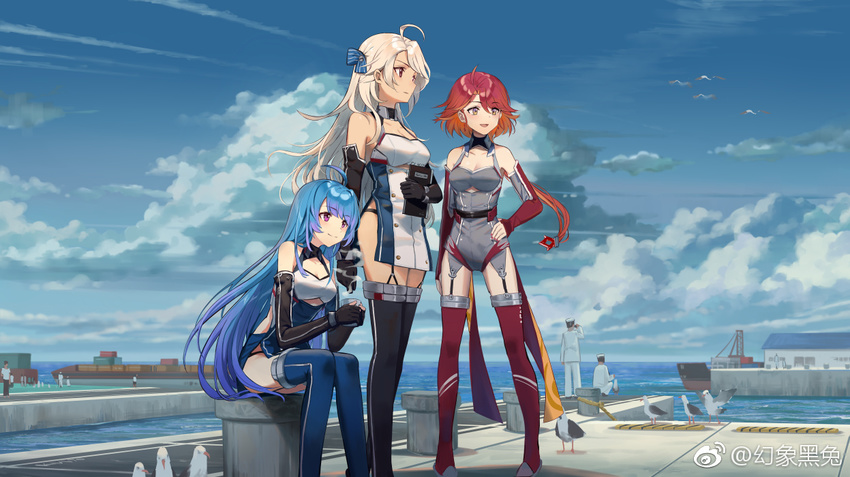 ahoge azur_lane bird black_gloves black_legwear black_panties blue_hair blue_legwear blue_sky breasts brooklyn_(azur_lane) brown_eyes cleavage cleavage_cutout clipboard closed_mouth cloud cloudy_sky cup day dress elbow_gloves expressionless eyebrows_visible_through_hair fingerless_gloves garter_straps gloves helena_(azur_lane) horizon huanxiang_heitu leotard light_brown_hair long_hair looking_away low_ponytail medium_breasts multiple_girls nail_polish object_hug ocean outdoors own_hands_together panties phoenix_(azur_lane) pigeon-toed purple_eyes red_gloves red_hair seagull short_dress side_slit sitting sky smile standing thighhighs underwear very_long_hair watermark zettai_ryouiki