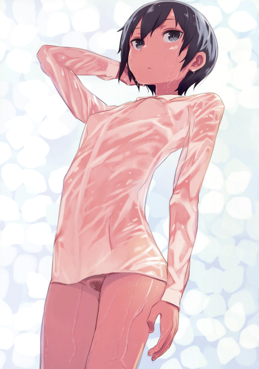 00s 1girl absurdres black_hair bottomless dress_shirt edit grey_eyes highres kino kino_no_tabi kuroboshi_kouhaku naked_shirt no_bra no_panties official_art pubic_hair see-through shirt short_hair small_breasts tomboy wet wet_clothes wet_shirt