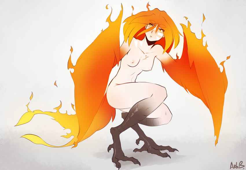 arbuzbudesh avian bird breasts eyebrows facial_markings flaming_hair hair harpy markings monster_girl_(genre) orange_eyes phoenix small_breasts solo talons winged_arms wings