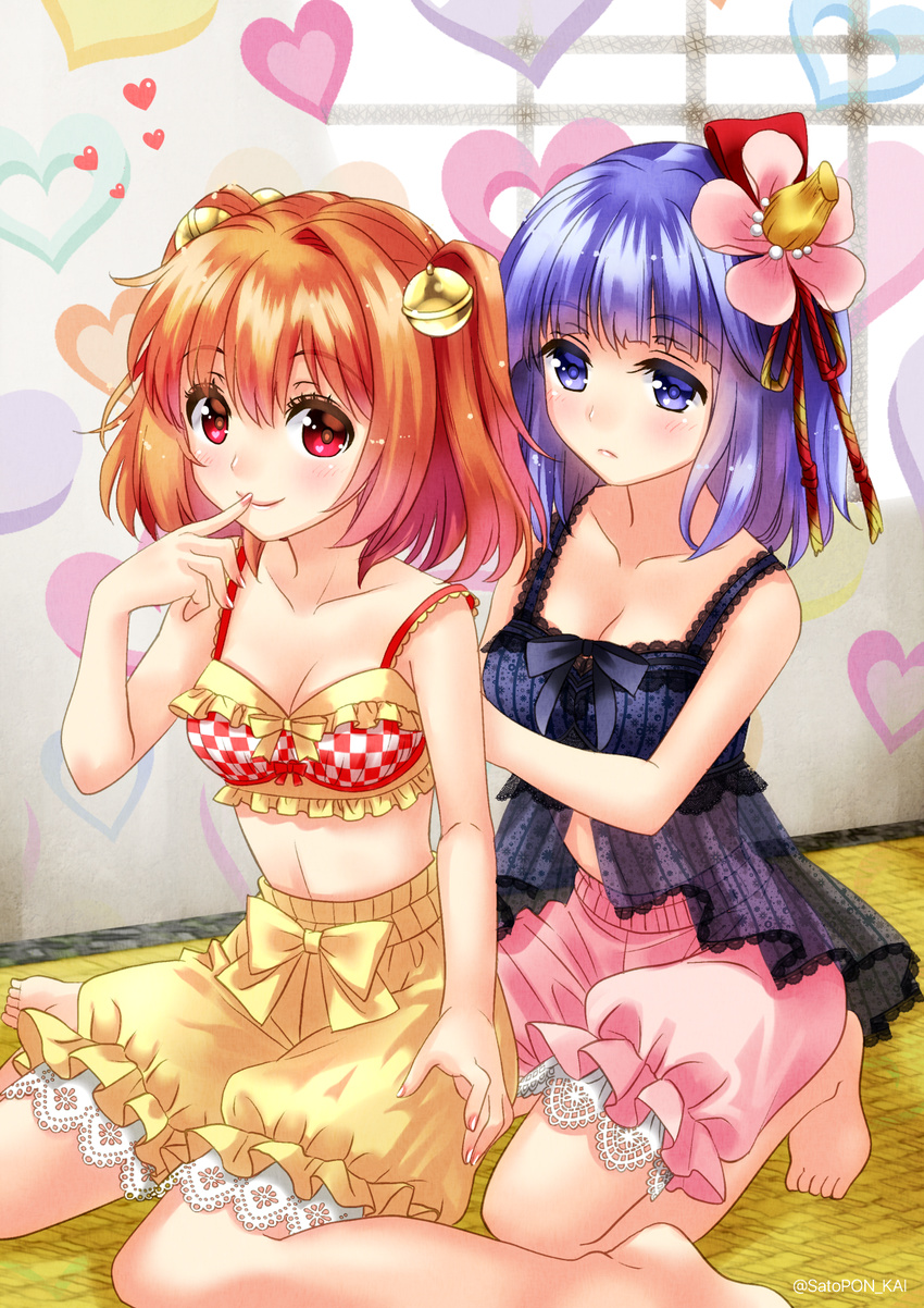 babydoll bare_arms barefoot behind_another bell blue_eyes blue_hair bra breasts checkered checkered_bra cleavage collarbone finger_to_mouth fingernails flower frown hair_bell hair_flower hair_ornament heart heart_background heart_in_eye hieda_no_akyuu highres indoors kneeling looking_at_another looking_at_viewer medium_breasts motoori_kosuzu multiple_girls petticoat pink_bloomers red_eyes red_hair sato-pon short_hair sitting smile symbol_in_eye tatami touhou twitter_username underwear underwear_only wariza yellow_bloomers