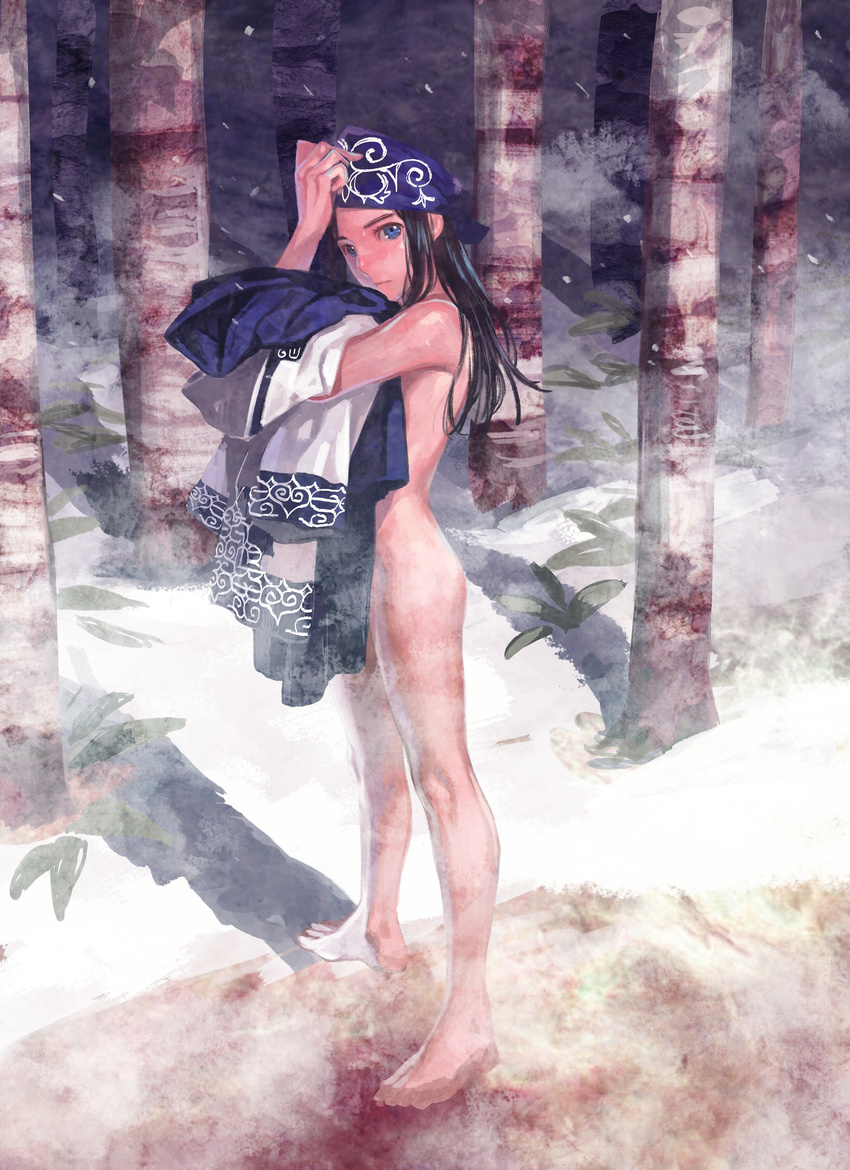 absurdres ainu_clothes asirpa azuma_tou bandana barefoot birch black_hair blue_eyes child clothes_removed commentary_request forest from_side full_body golden_kamuy hand_on_headwear highres holding_clothes long_hair looking_at_viewer nature nude outdoors snow snowing solo standing tree winter