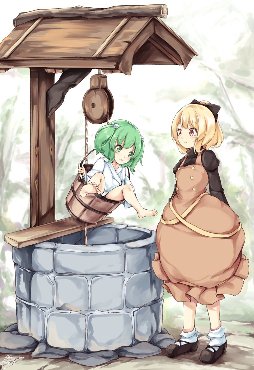 arms_at_sides barefoot black_bow black_footwear blonde_hair blush bobby_socks bow brown_dress brown_eyes bucket dress full_body green_eyes green_hair hair_bobbles hair_bow hair_ornament highres in_bucket in_container japanese_clothes juliet_sleeves kimono kisume kurodani_yamame long_sleeves looking_at_another maremay0513 multiple_girls parted_lips ponytail puffy_sleeves shoes socks standing touhou two_side_up well white_legwear wide_sleeves