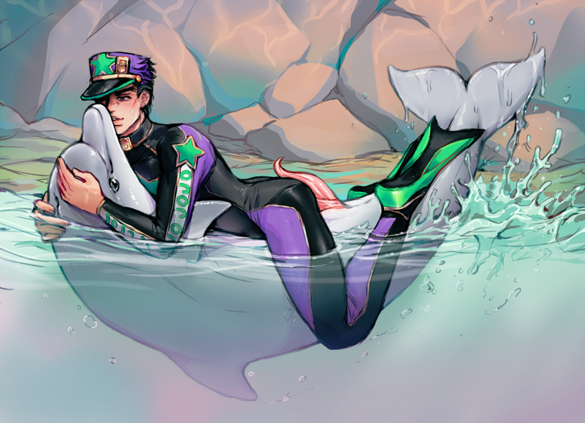 bestiality cetacean clothed clothing dolphin duo erection feral jojo's_bizarre_adventure jotaro_kujo kora-jo male male/male mammal marine outside partially_submerged penis side_view tapering_penis water