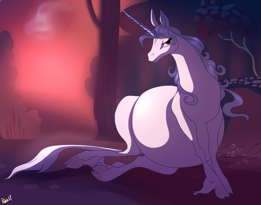 2017 amalthea arm_support belly big_belly detailed_background equine female feral forest fur half-closed_eyes hooves horn looking_at_viewer lying mammal on_side patch_(artist) pregnant the_last_unicorn tree unicorn white_fur