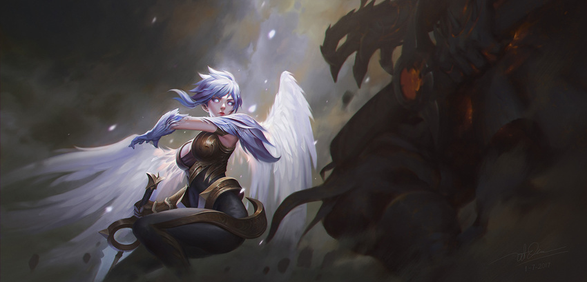 angel_wings blue_eyes breasts cleavage closed_mouth dao_trong_le dated dawnbringer_riven feather-trimmed_gloves feathered_wings glowing glowing_eyes highres league_of_legends lips looking_at_viewer medium_breasts nose red_lips riven_(league_of_legends) short_hair signature solo standing sword weapon white_hair white_wings wings