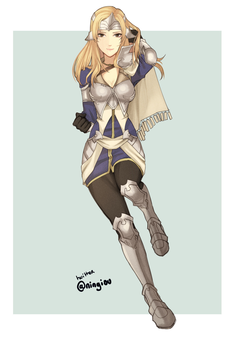 armor blonde_hair blue_background breastplate fire_emblem fire_emblem_echoes:_mou_hitori_no_eiyuuou fire_emblem_gaiden gloves greaves hair_ornament highres kyou_(ningiou) looking_at_viewer matilda_(fire_emblem) simple_background solo