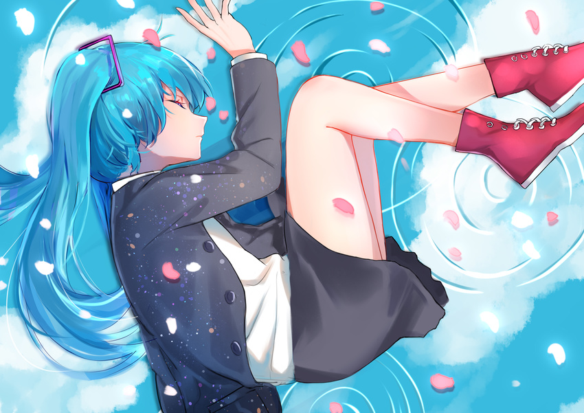 absurdres blue_hair closed_eyes hatsune_miku highres long_hair lying on_side petals puddle qingli_green solo twintails vocaloid