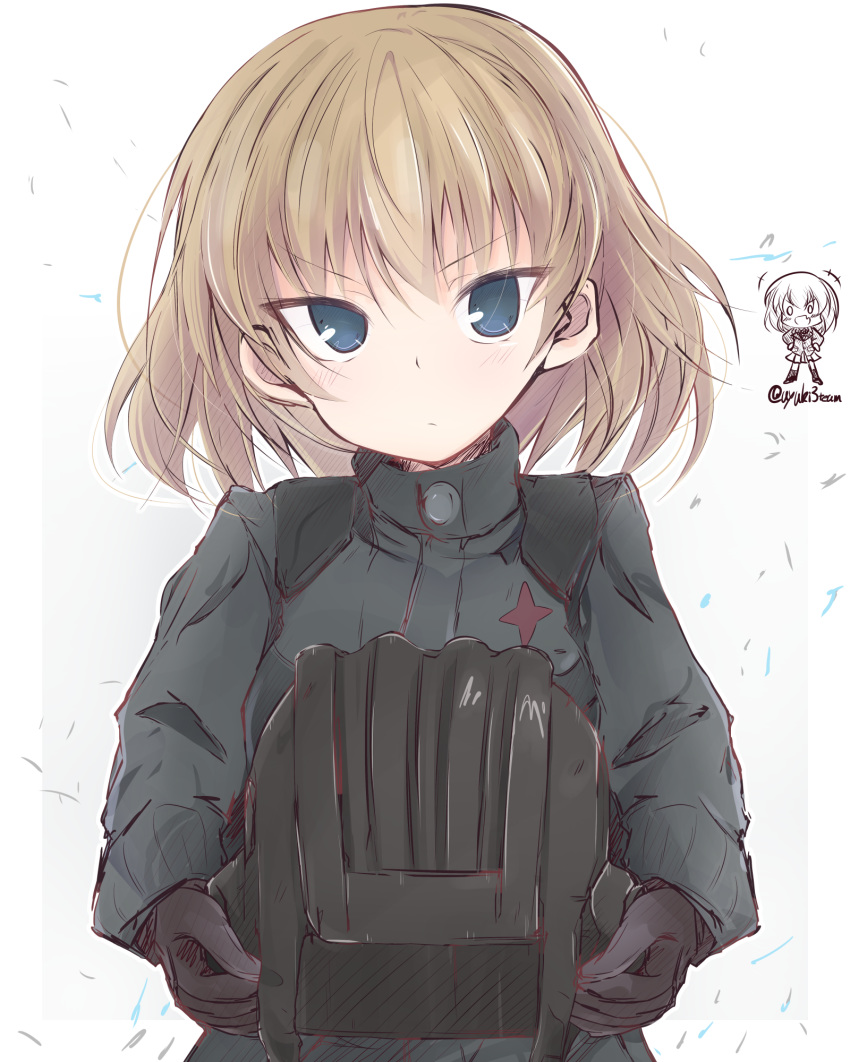 1girl bangs black_gloves black_hat blonde_hair blue_eyes chibi closed_mouth commentary emblem eyebrows_visible_through_hair fang frown getsumen_suibaku_ver._a(c) girls_und_panzer gloves green_jumpsuit grey_background hat headwear_removed helmet helmet_removed highres holding holding_helmet katyusha laughing long_sleeves looking_at_viewer military military_uniform outside_border pravda_military_uniform short_hair simple_background sketch solo standing twitter_username uniform upper_body v-shaped_eyebrows