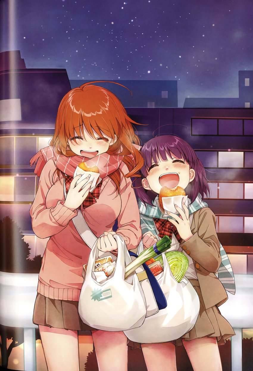 :d ^_^ ahoge bag binding_discoloration black_sky blue_scarf blush bow breasts brown_hair brown_jacket brown_skirt city closed_eyes crease facing_viewer food furrowed_eyebrows groceries grocery_bag highres holding holding_bag holding_food jacket kawai_makoto koufuku_graffiti large_breasts long_sleeves machiko_ryou morino_kirin multiple_girls night night_sky open_clothes open_jacket open_mouth outdoors pink_scarf pink_sweater plaid plaid_bow plaid_neckwear plastic_bag pleated_skirt red_bow red_neckwear scarf shiny shiny_hair shirt shirt_under_jacket shopping_bag skirt sky smile spring_onion standing star_(sky) starry_sky striped striped_scarf sweater white_shirt wrapper