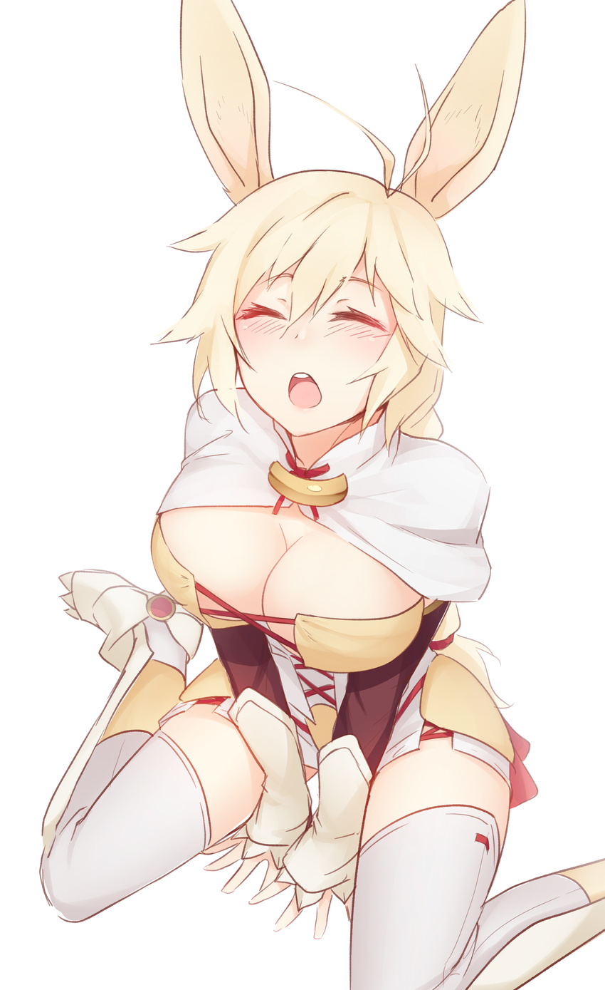 1girl absurdres animal_ears antenna_hair bangs blonde_hair blush breasts bunny_ears capelet cleavage eyebrows_visible_through_hair eyes_closed highres large_breasts long_hair nachetanya_loei_piena_augustra open_mouth patreon_reward ricegnat rokka_no_yuusha simple_background sitting solo thighhighs wariza white_background