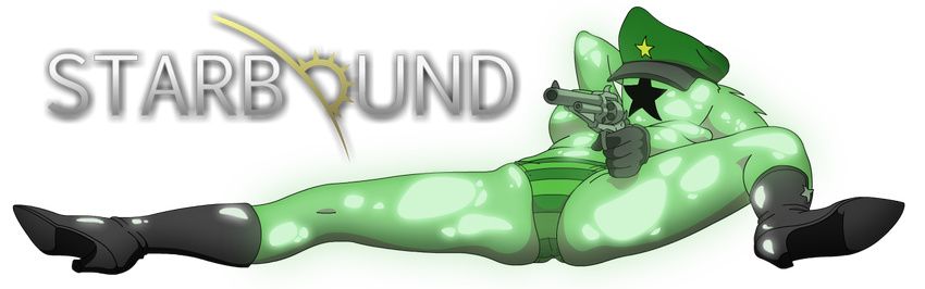 2016 5_fingers alien alpha_channel big_breasts boots breasts clothed clothing digital_media_(artwork) female footwear gloves green_skin gun hair handgun hat humanoid leather lying mrs_bartender not_furry novakid nude on_back panties ranged_weapon revolver simple_background solo spread_legs spreading standing_tough star starbound striped_panties text topless transparent_background underwear video_games weapon